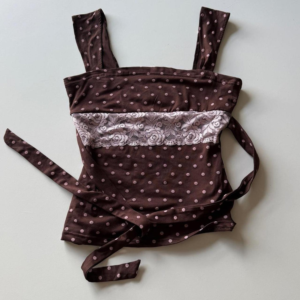 Coquette Polka Dot Girly Delicate Brown and Pink Tie-Detail Top