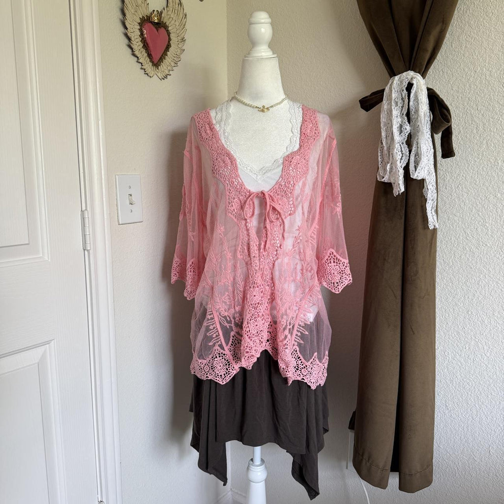 Liv Los Angeles Whimsical Pink Cover Up Bed Jacket Bohemian Festival Coquette
