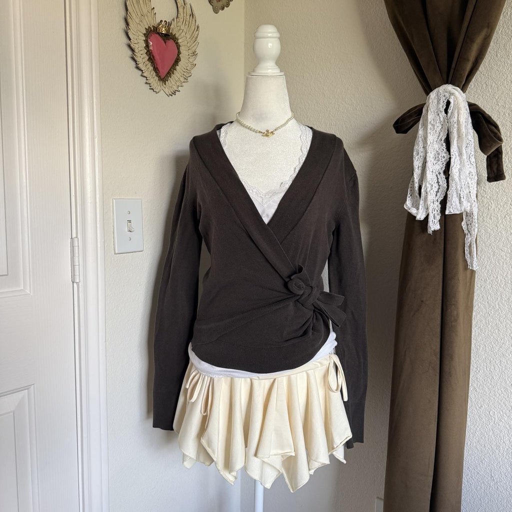 Ann Taylor Brown Knit Wrap Tie Front Sweater Top XS Preppy Office School