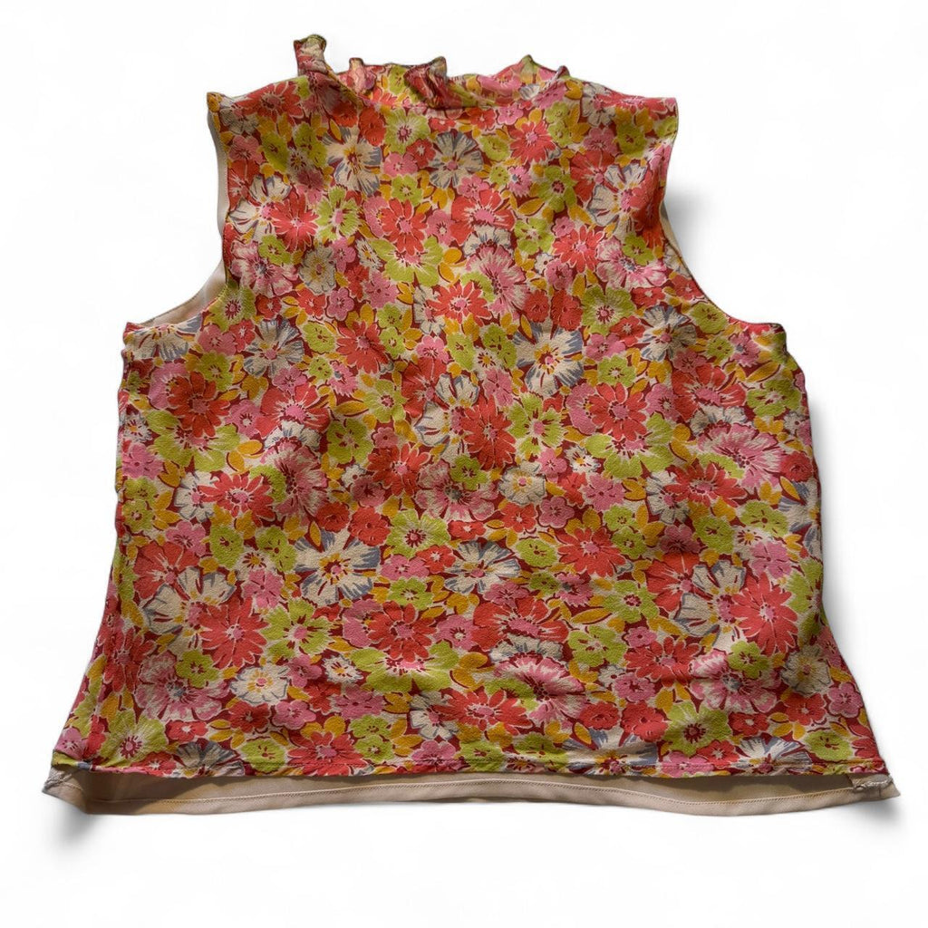 Ann Taylor Frilly Silk Floral Sleeveless Blouse Ruffled Detail
