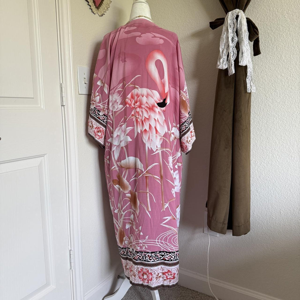 Pink Flamingo Kimono Robe Full Length Bohemian Dressing Gown