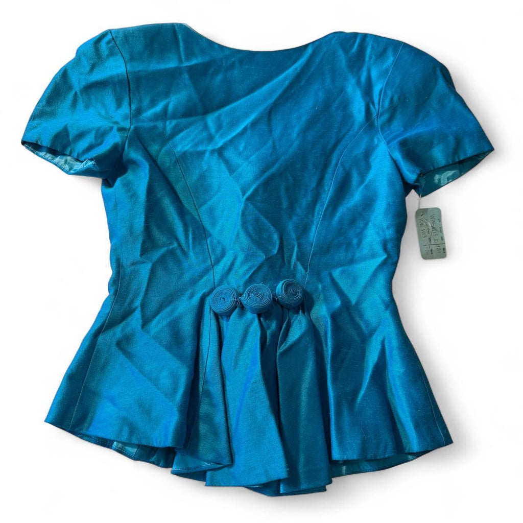 Vintage Blue Button Detail Short Sleeve Blouse 1980s