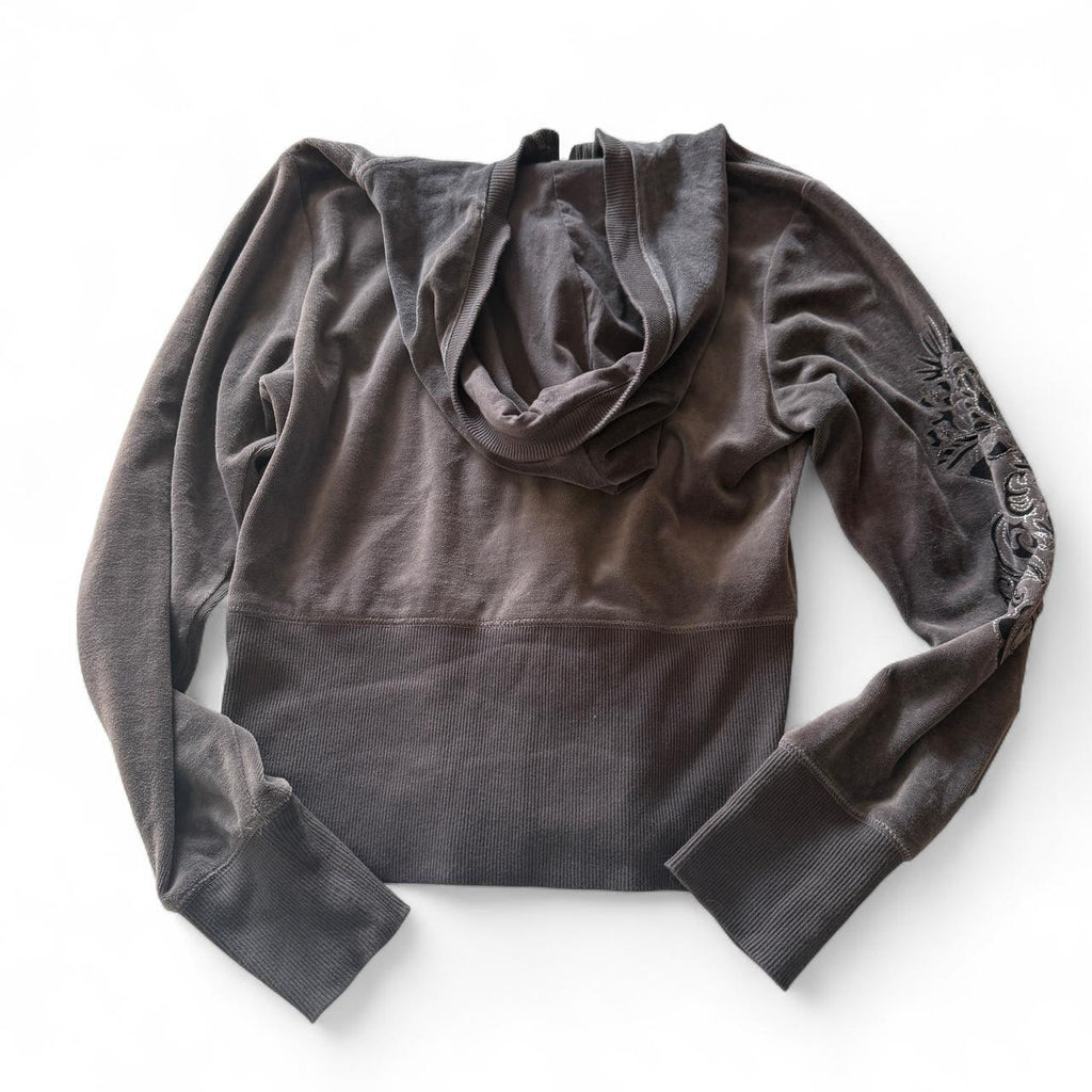 Y2K Cynthia Rowley Velour Velvet Beaded Floral Zip-Up Hoodie