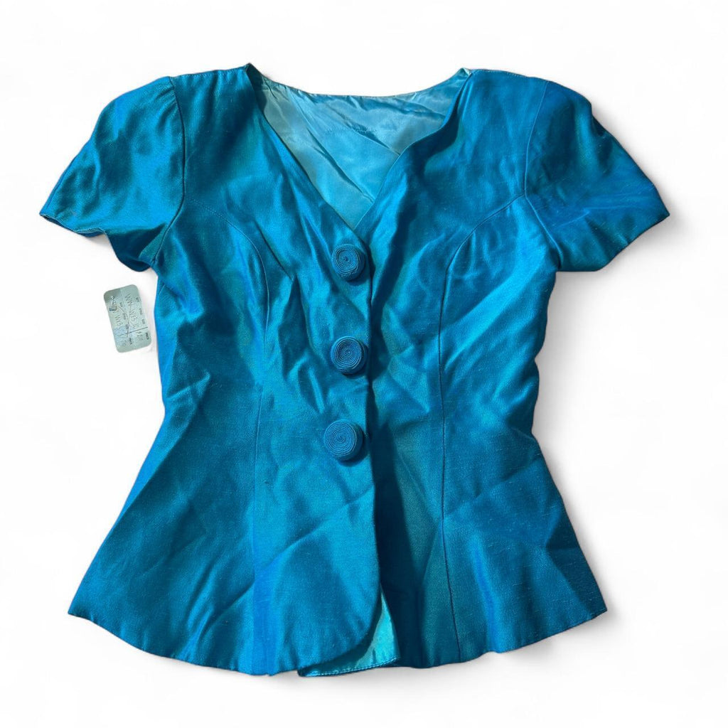 Vintage Blue Button Detail Short Sleeve Blouse 1980s