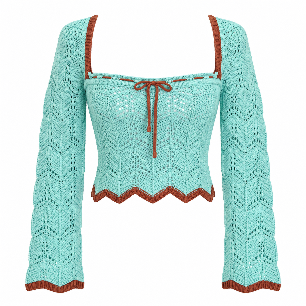 Urban Outfitters Women's Mint Green Crochet Knit Sweater with Brown Trim, Size S