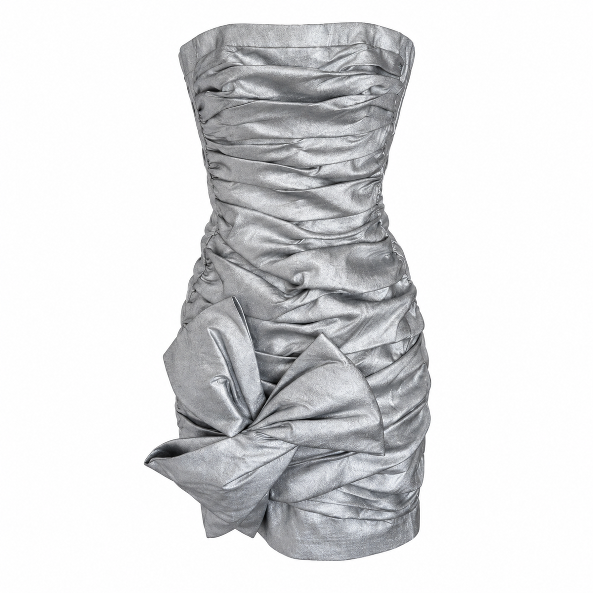 Y2K Jessica McClintock Silver Strapless Mini Dress with Floral Applique Size XS