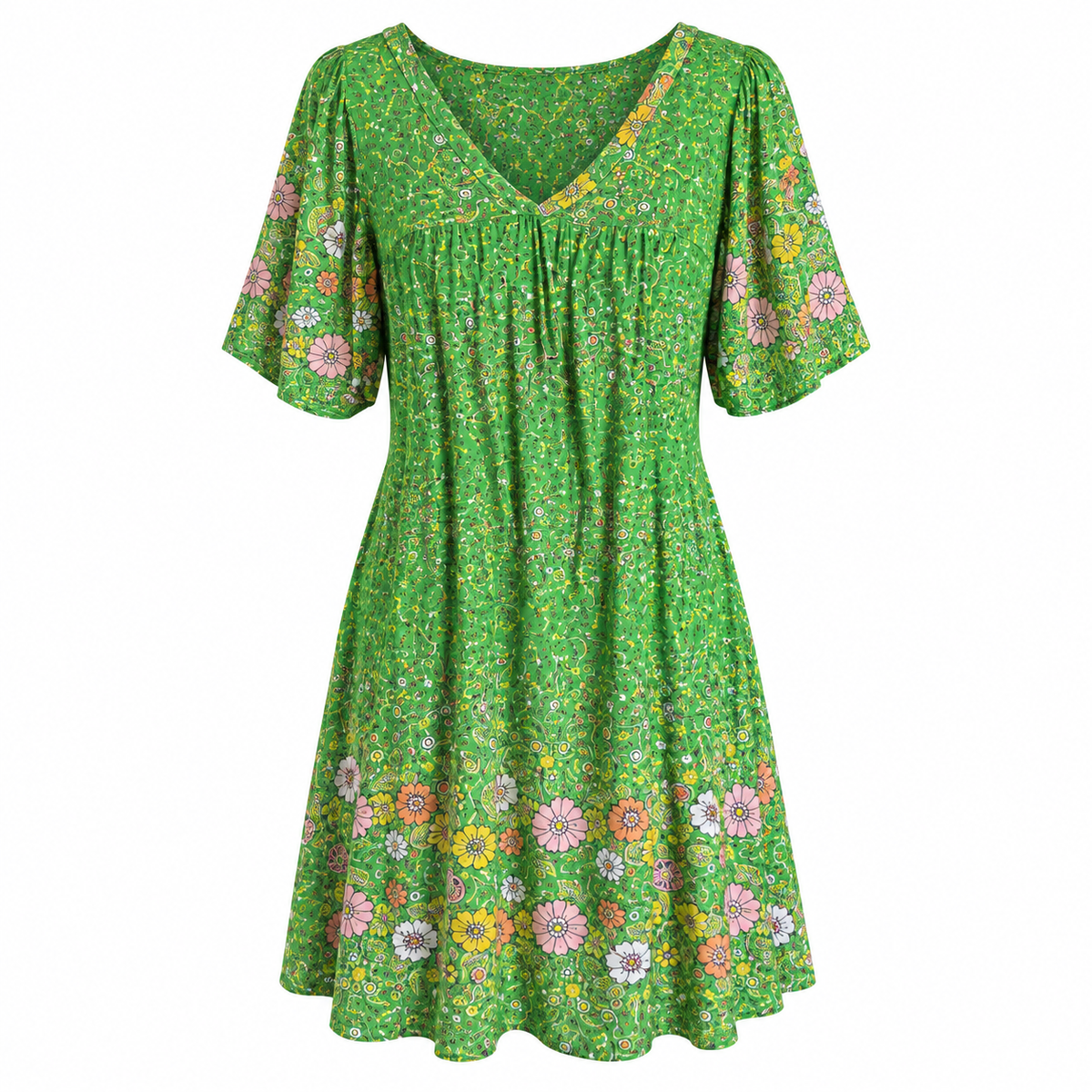 GLAM Green Floral V-Neck Short Puff Sleeve Dress, Lightweight Casual Summer