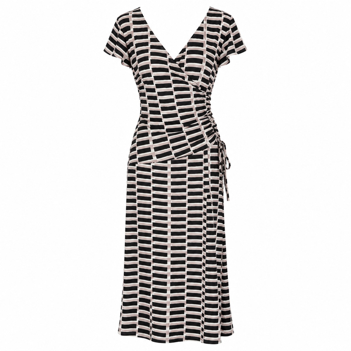 Jones Studio Women's Geometric Print Wrap Dress, Size 8, Black and Beige, V-Neck