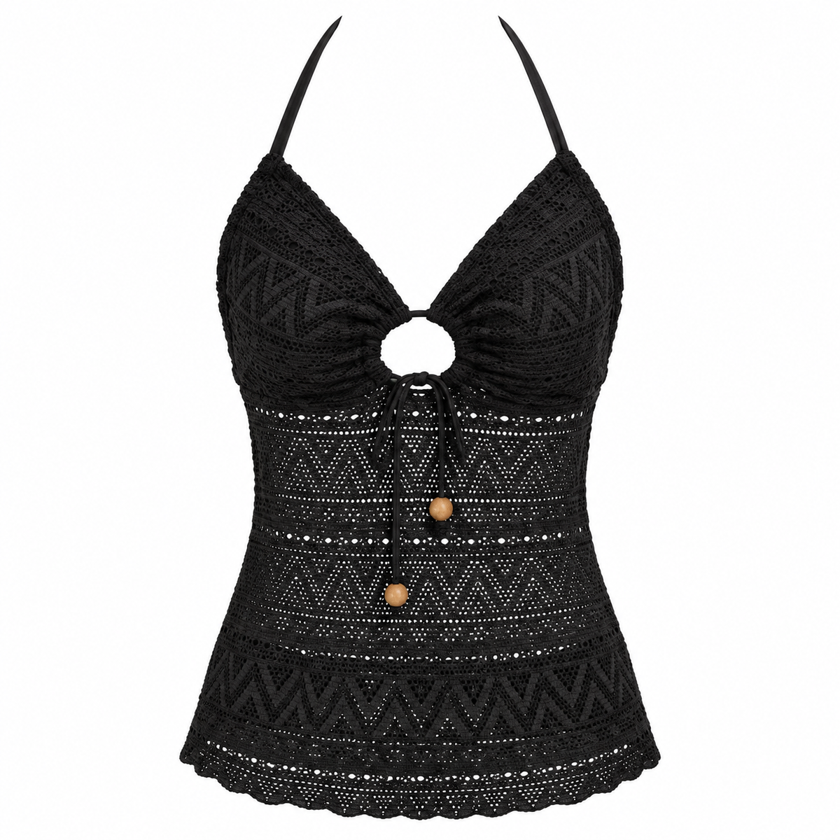 Ocean Pacific Black Crochet Halter Tankini Top Juniors Size LG Swimsuit