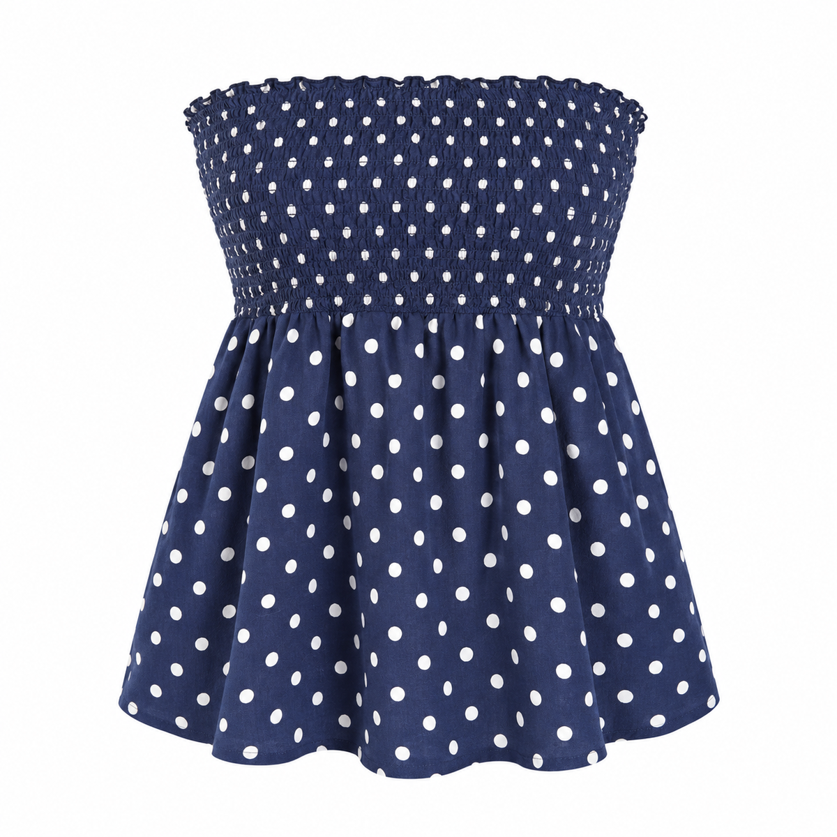 Calliope Navy Blue Polka Dot Strapless Smocked Top with Back Tie, Size Large