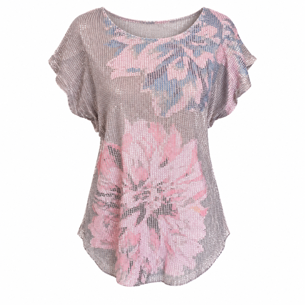 Crosby Women's Floral Pattern Sequin Short Sleeve Rayon Top