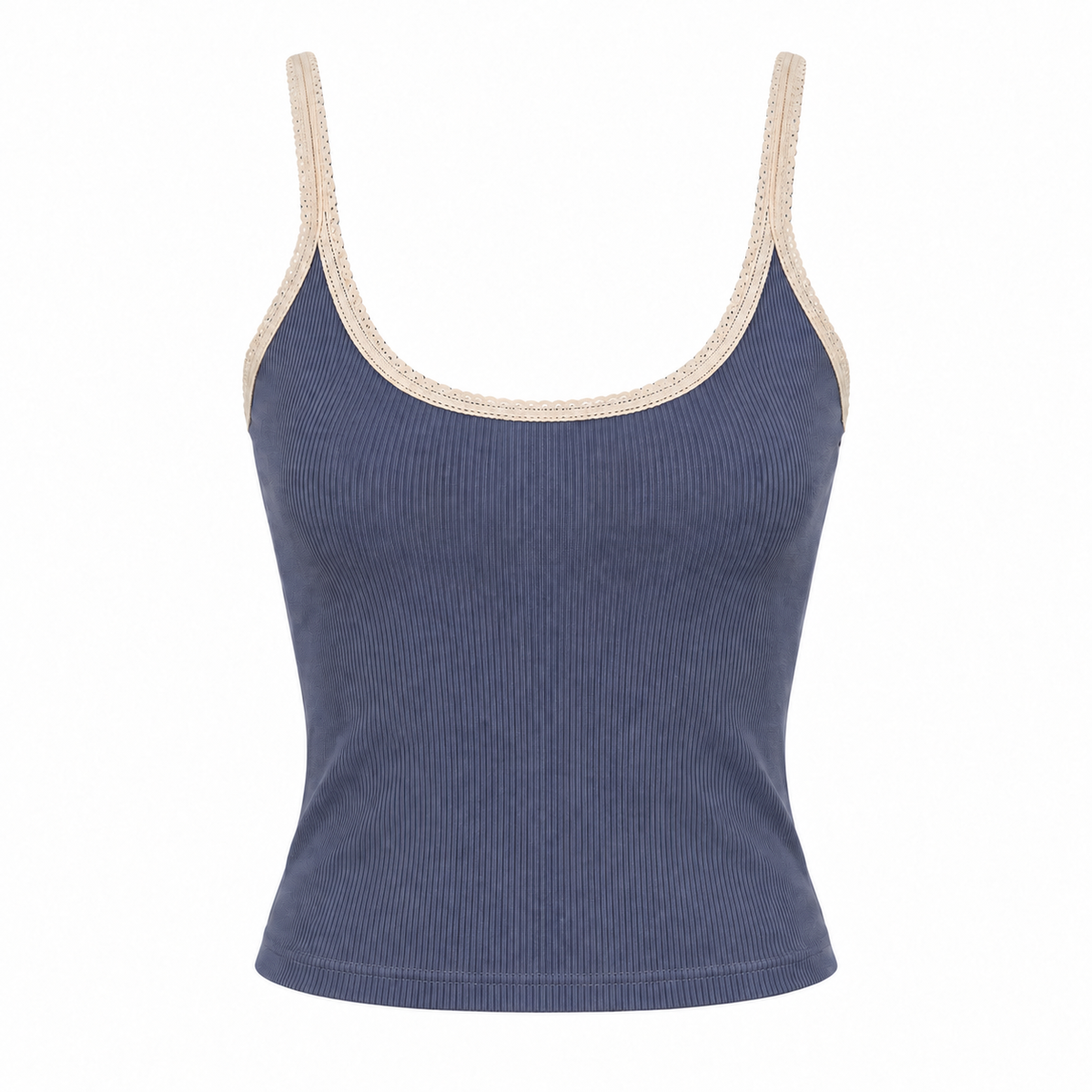 Brandy Melville Women's Blue Ribbed Tank Top with Cream Lace Trim, Size Small