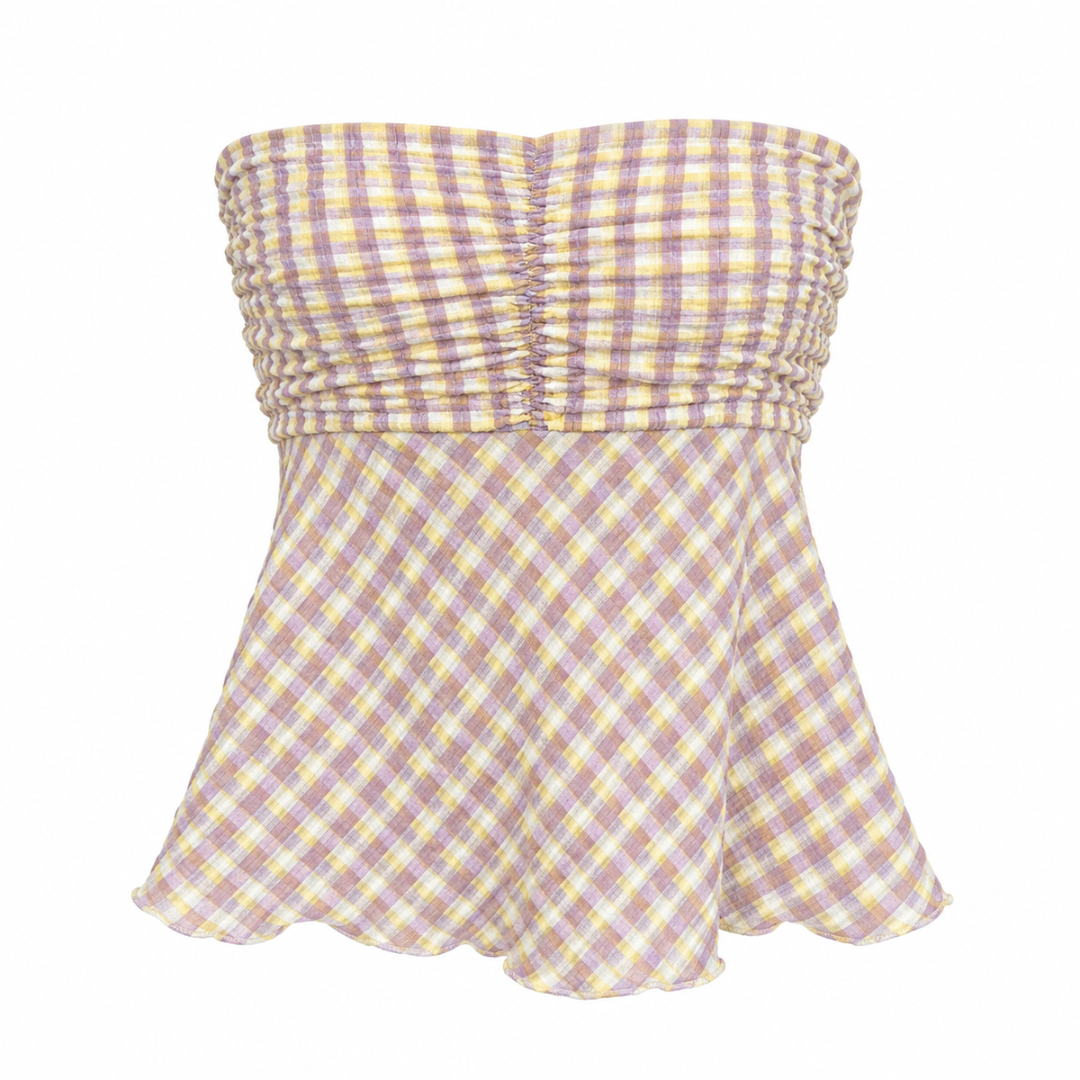 Forever 21 Smocked Strapless Plaid Crop Top in Yellow and Purple, Size Small