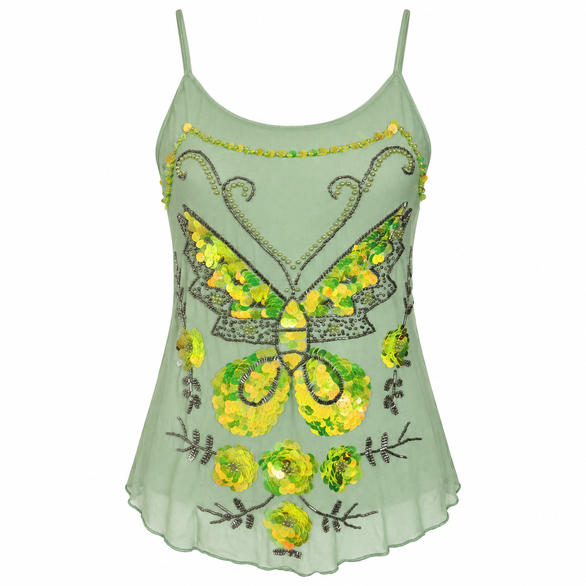 Fairycore Green Sequin Butterfly Detail Tank Top