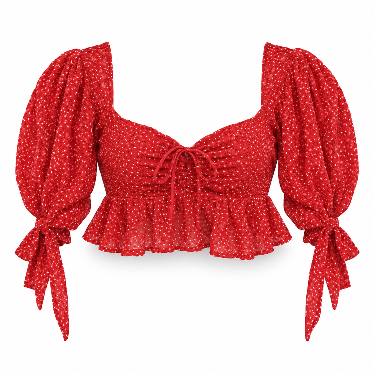 For Love & Lemons Polka Dot Micro Crop Top Puff Sleeve Coquette Bow Detail Ruffled Sweetheart