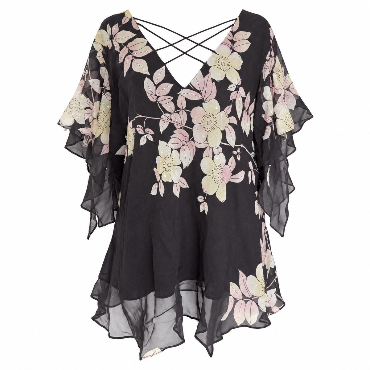Adrianna Papell Vintage Floral Flutter Sleeve Blouse Romantic Kimono Style