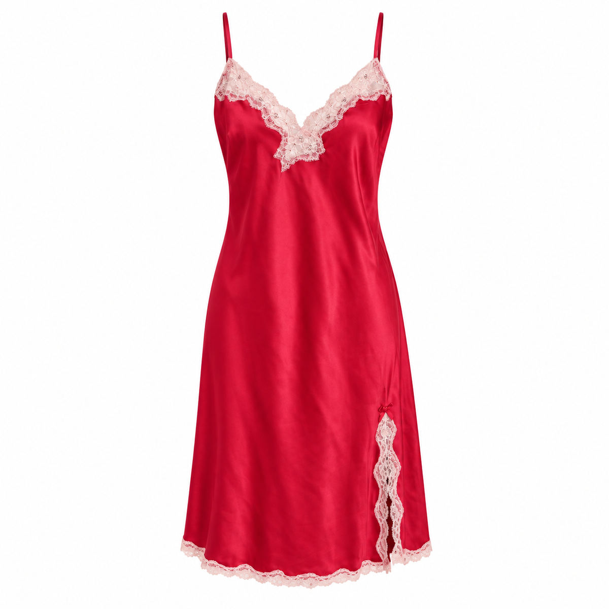 Victoria’s Secret Red Satin Slip Dress — Lace Trim Coquette Lingerie