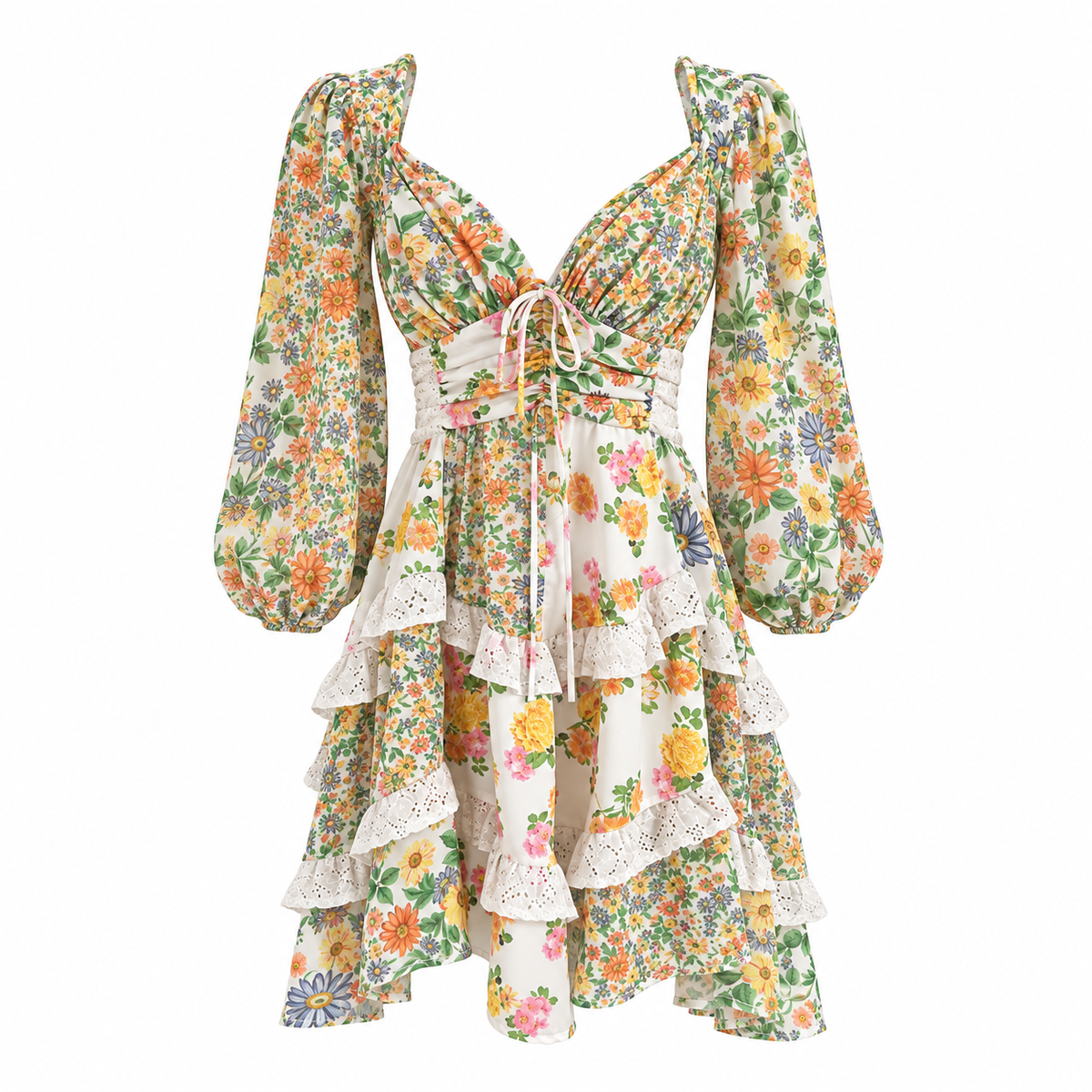 For Love & Lemons Floral Coquette Ruffle Tiered Mini Dress