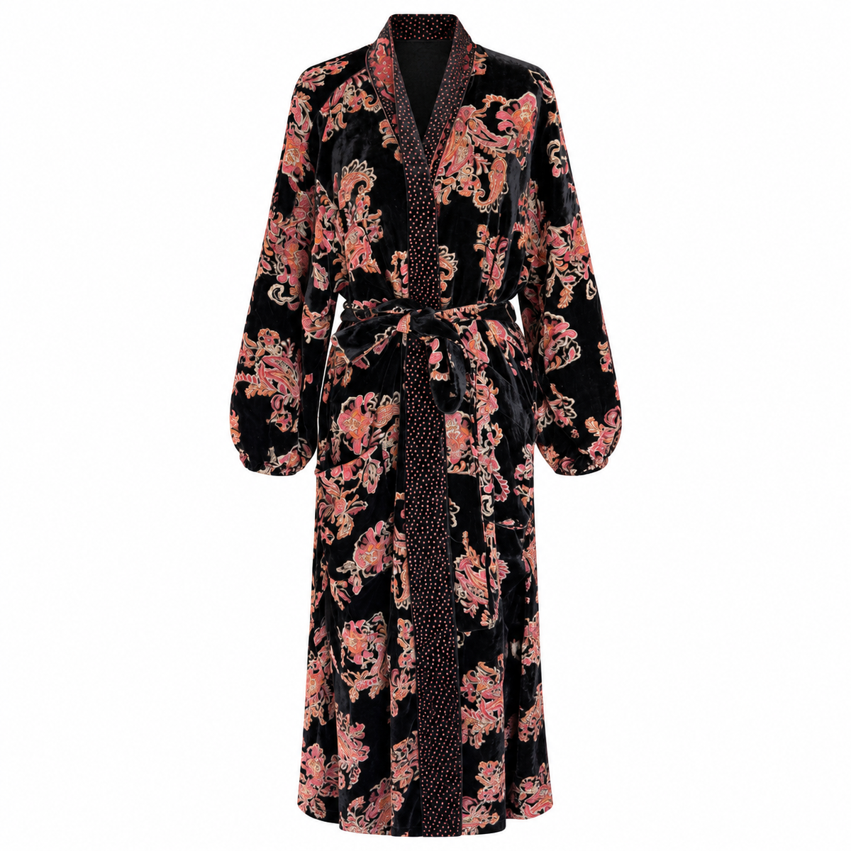 Zara Black and Pink Floral Crushed Velvet Robe with Belt