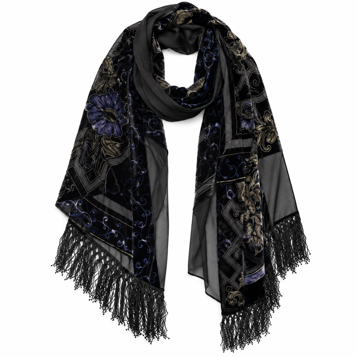 Vintage Black Velvet and Sheer Overlay Scarf with Ornate Pattern Fringe Detail