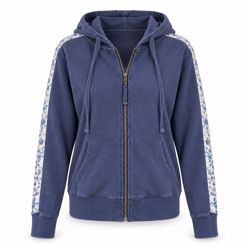Johnny Was XS Navy Blue Hoodie with Embroidered Floral and Bird Design Cotton XS