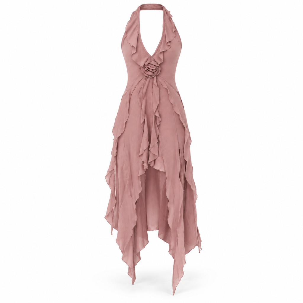Murci Soft Romantic Ruffled Formal Dress with Floral Accent Women's 8
