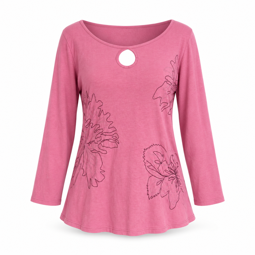 J. Jill Women's Medium Pink Long Sleeve Cotton Top with Floral Embroidery