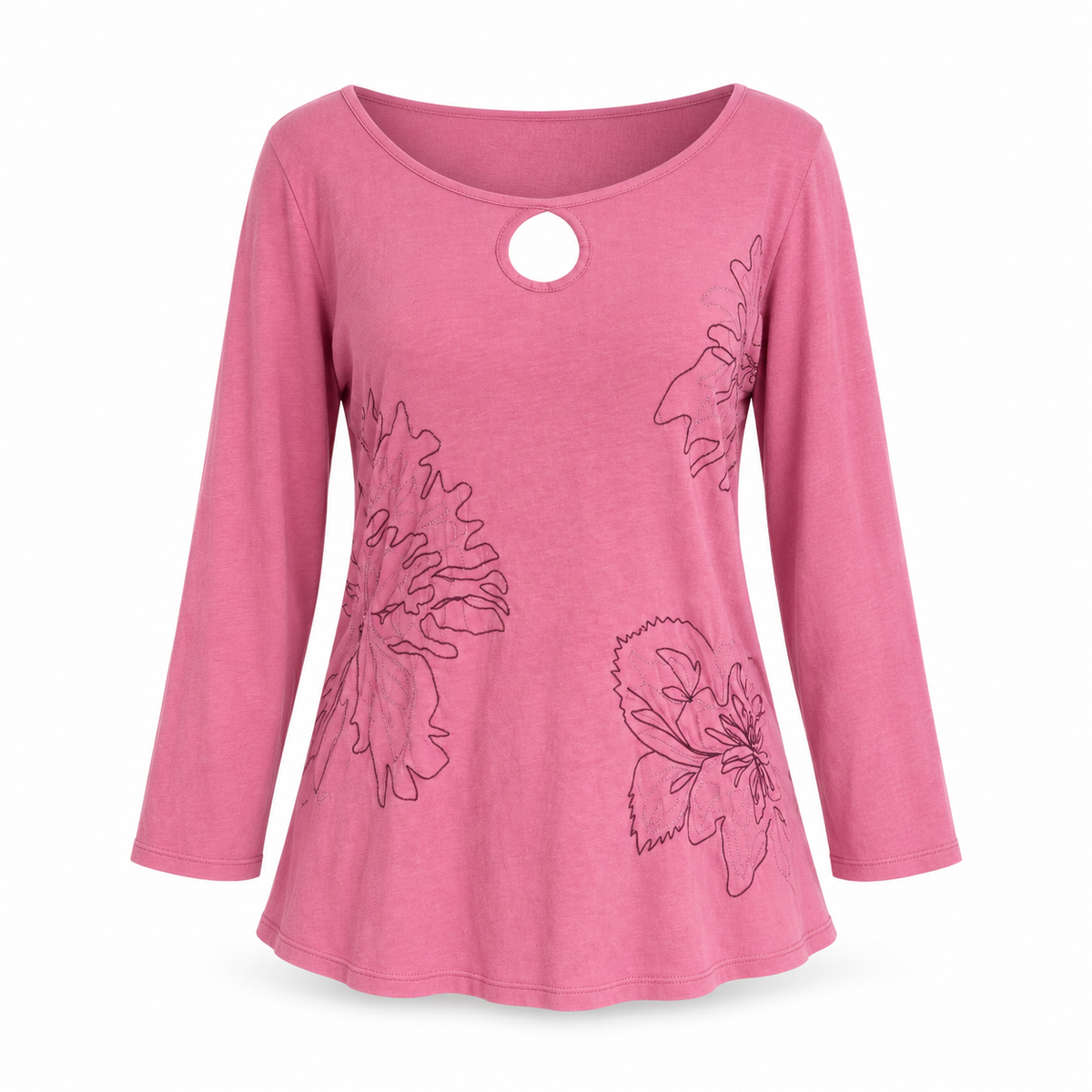J. Jill Women's Medium Pink Long Sleeve Cotton Top with Floral Embroidery