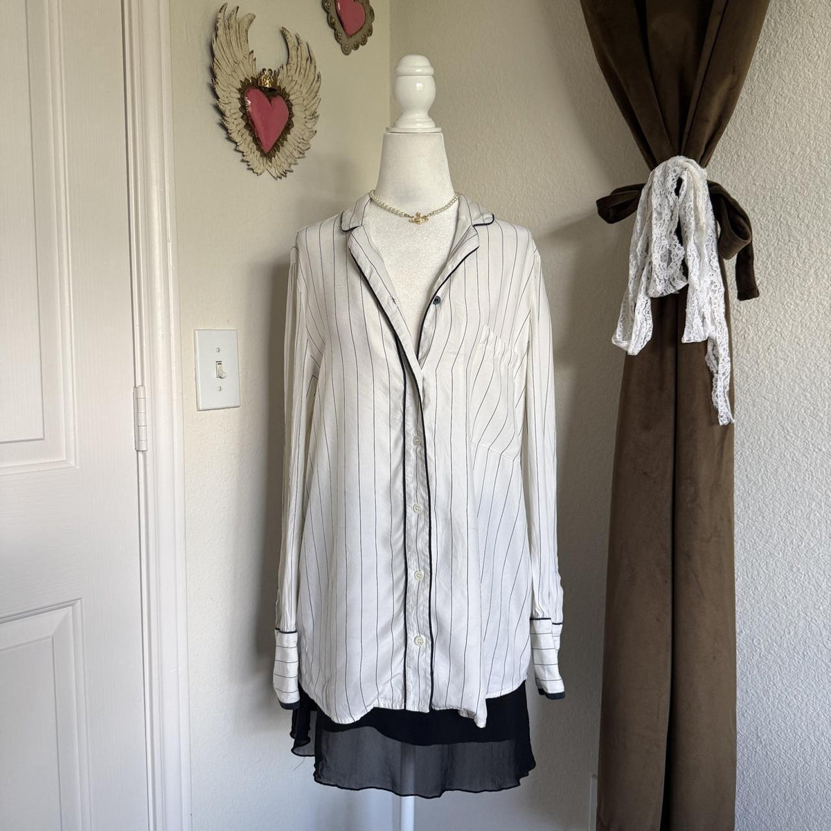 FRAME Silk Pajama Shirt M Ivory Navy Pinstripe Piping Sheer Blouse Flawed
