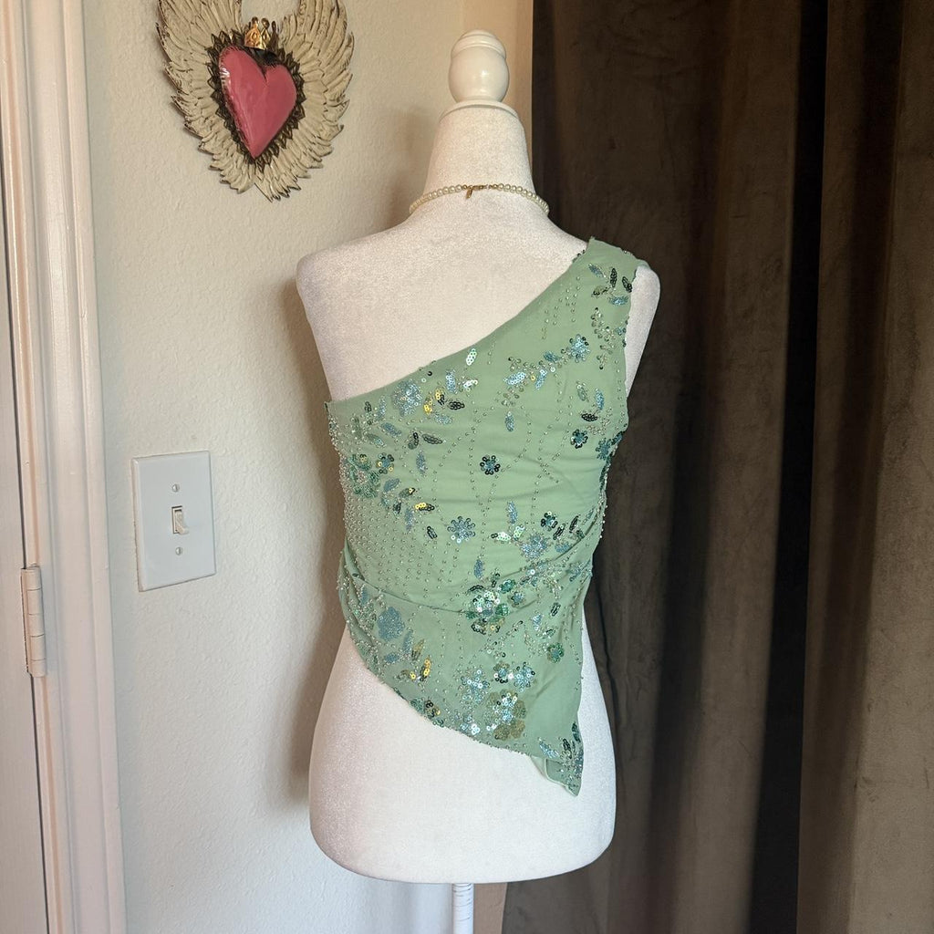 Asymmetric Sequin Beaded One Shoulder Blouse Green Floral Sequin Rhinestone Y2K