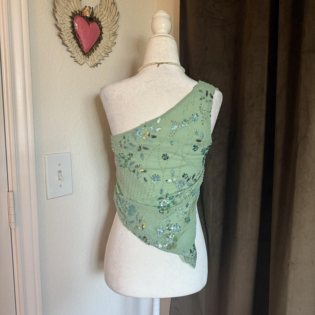 Asymmetric Sequin Beaded One Shoulder Blouse Green Floral Sequin Rhinestone Y2K