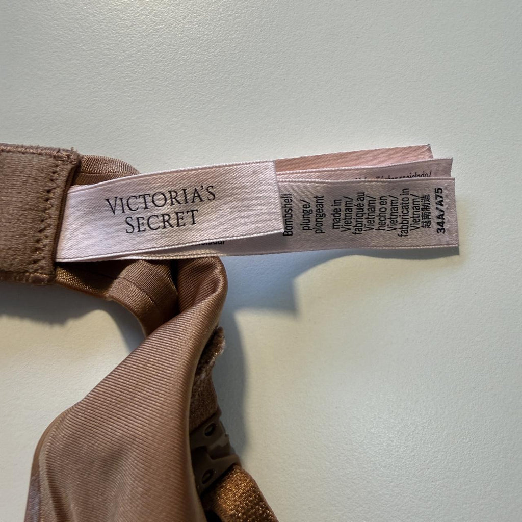 Victoria's Secret Nude Bombshell Pushup Bra Black Lace Trim 34A