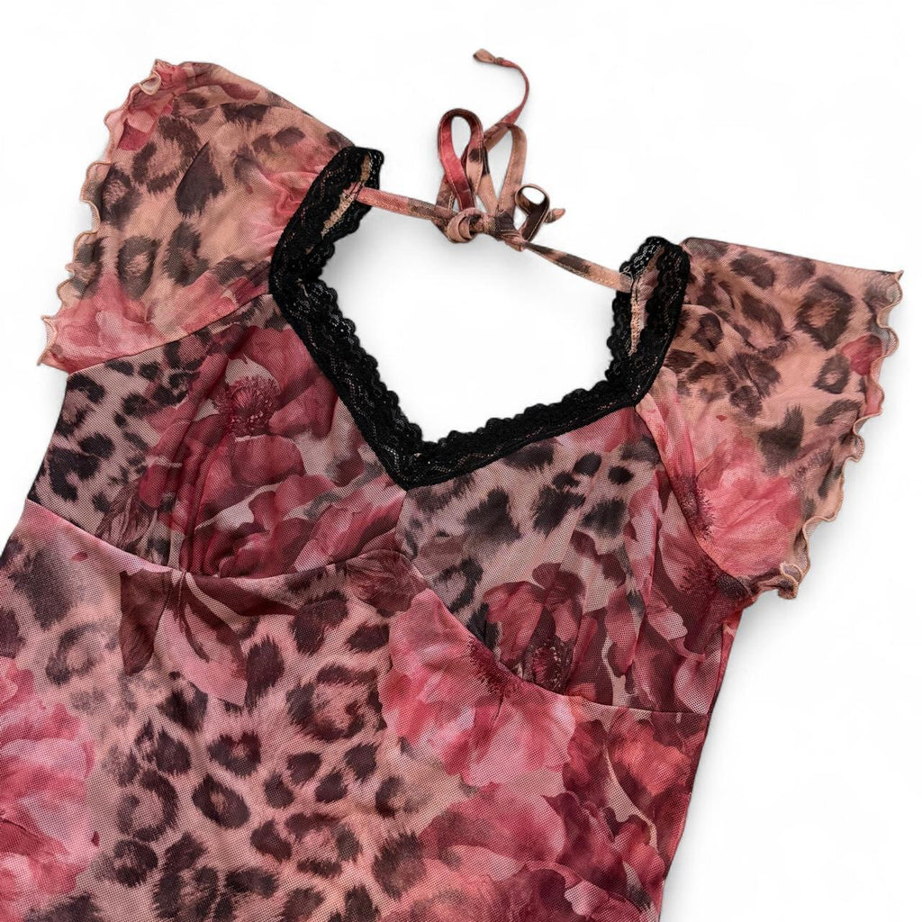 Good Days Project Mesh Leopard Floral Lace Tie Back Y2K Boho Top XL