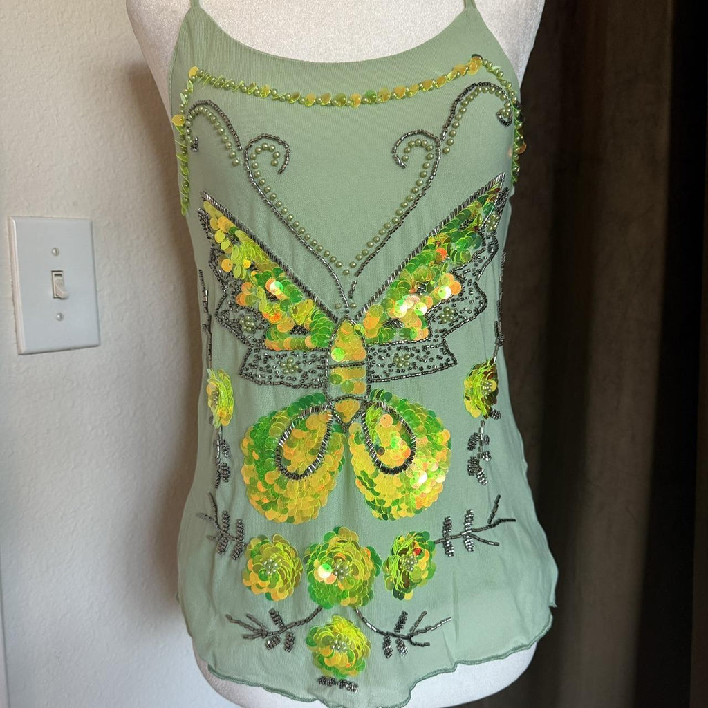 Fairycore Green Sequin Butterfly Detail Tank Top