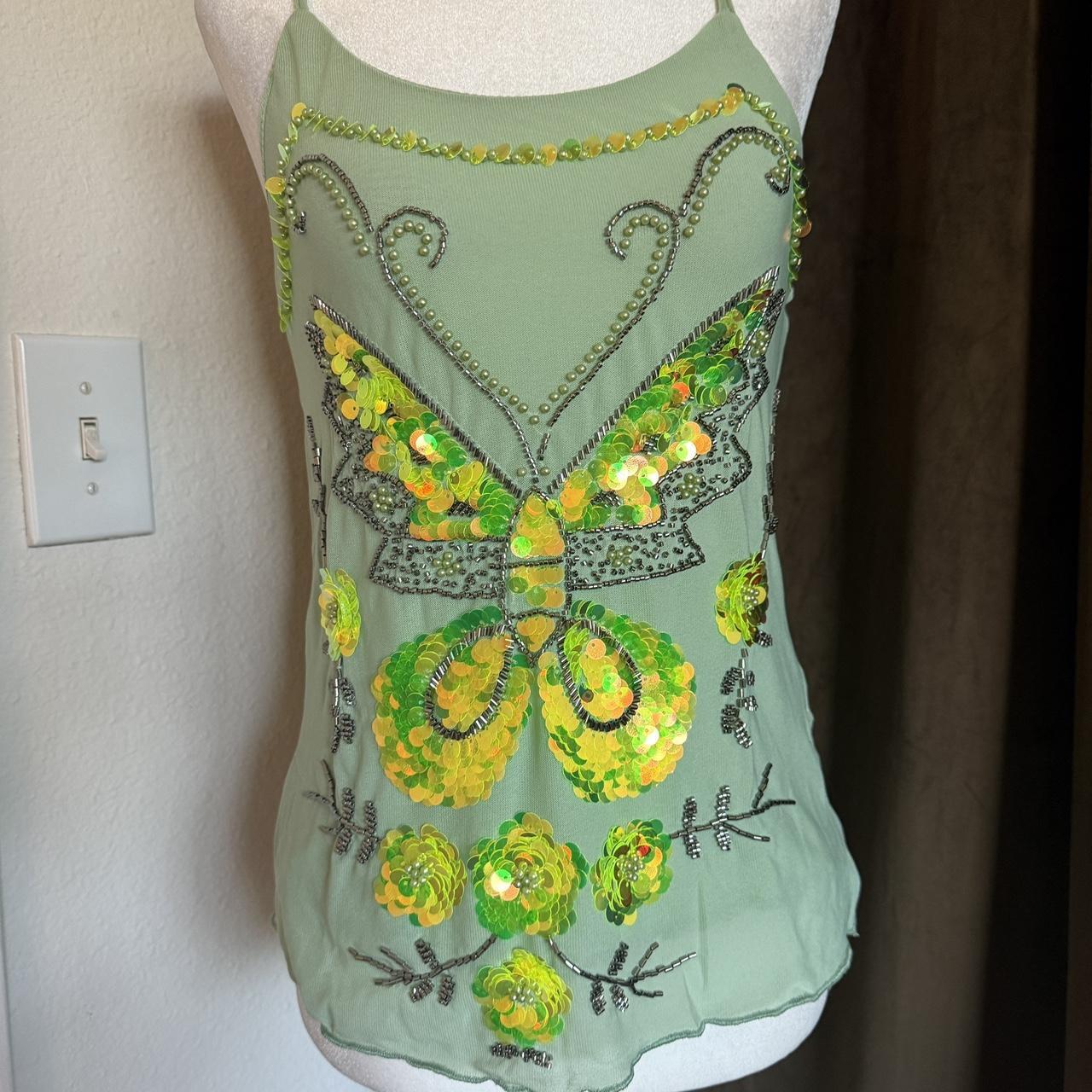 Fairycore Green Sequin Butterfly Detail Tank Top