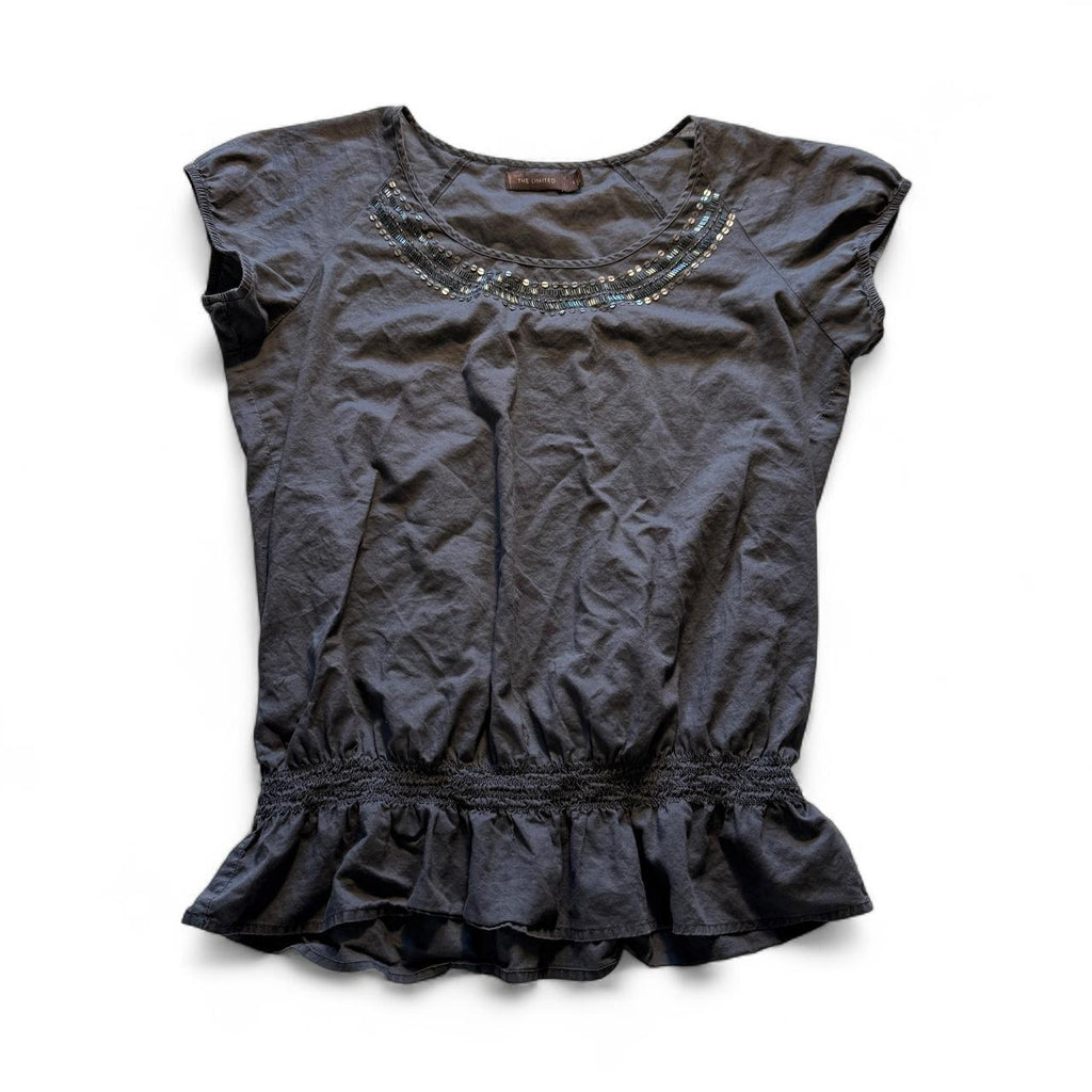 The Limited Grey Sequin Cinch Waist Boho Chic Blouse