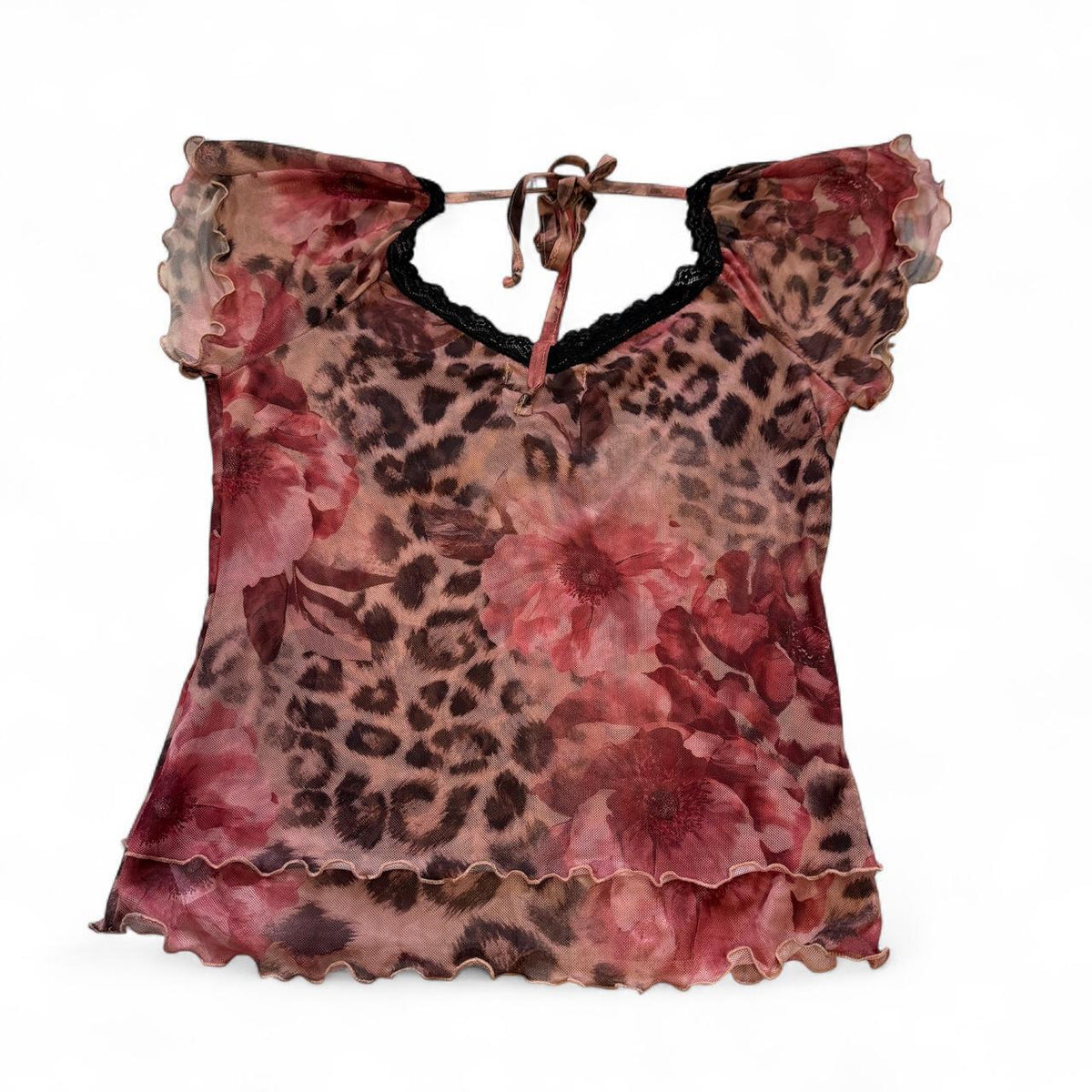 Good Days Project Mesh Leopard Floral Lace Tie Back Y2K Boho Top XL
