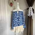 Alice + Olivia Devina Ikat Off Shoulder Bell Sleeve Blouse Blue White M