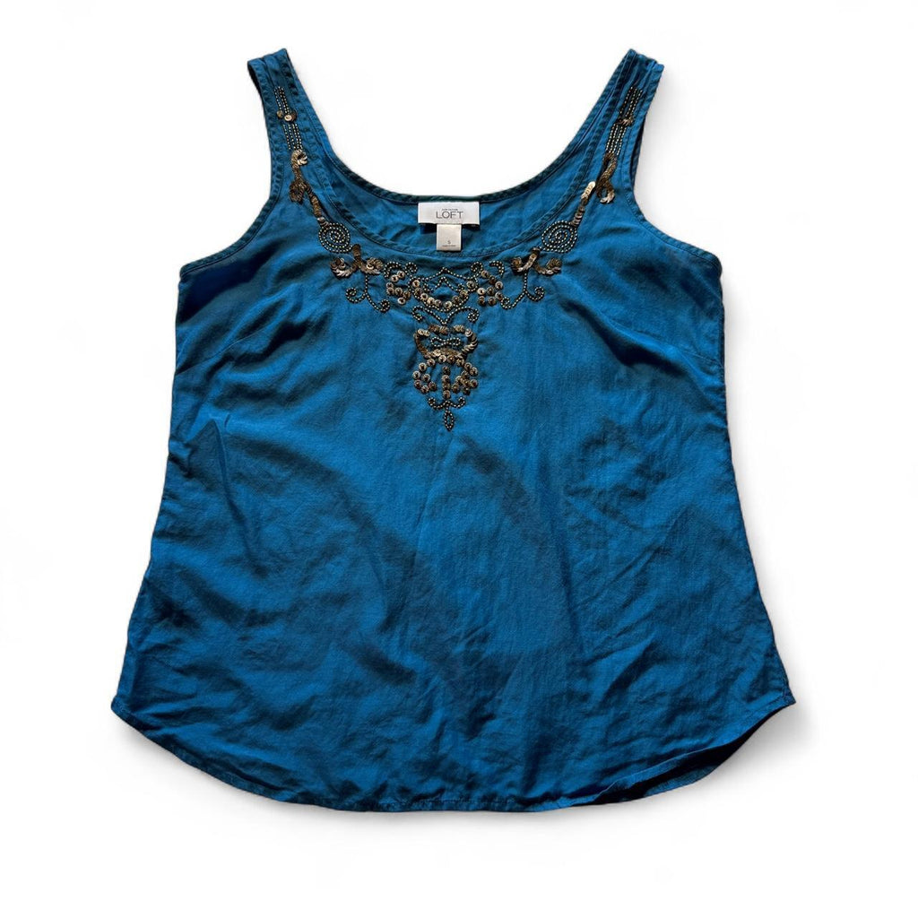 LOFT Blue Beaded Silk Cotton Blend Tank Top Boho Fairycore