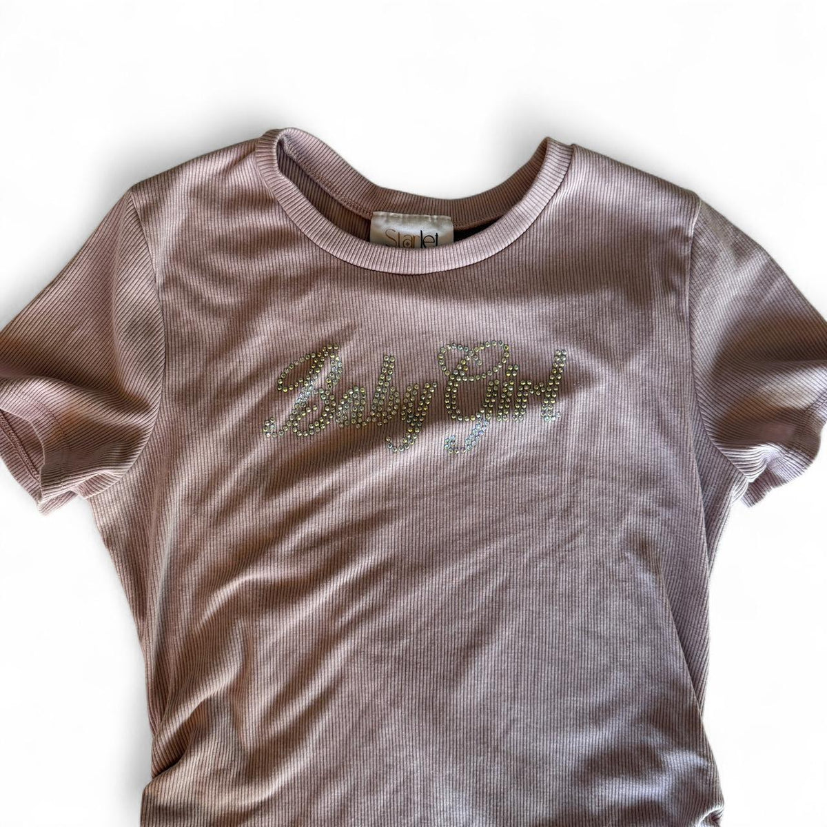 Starlet Pink Y2K Rhinestone Ribbed Baby Tee Blingy Girly Top Sz L