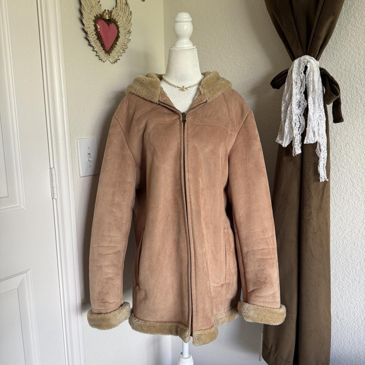 Fleet Street LTD Faux Suede Shearling Hooded Winter Coat Women's XL Tan