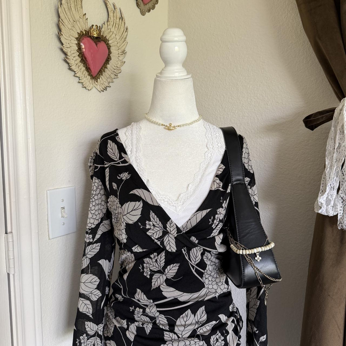 Worthington Whimsical Wrap Detail Floral V Neck Blouse