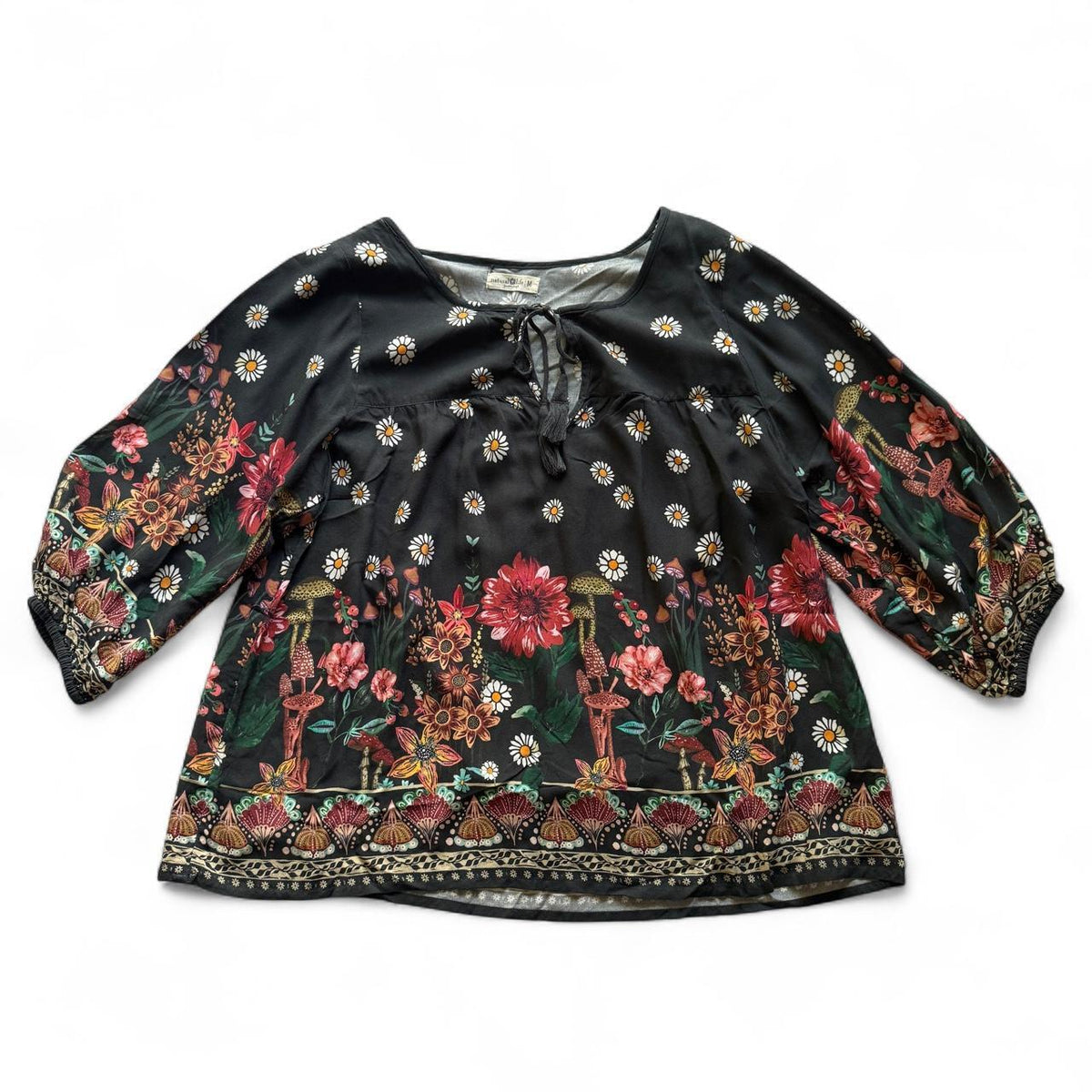 Natural Life Maribel Black Floral Mushroom Tassel Boho Blouse Women's M