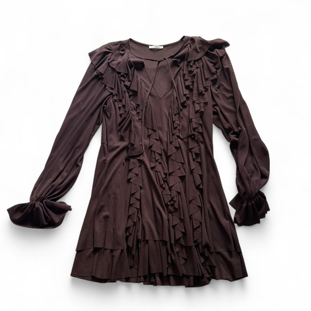 Zara Chocolate Brown Ruffle Keyhole Long Sleeve Boho Mini Dress Women's M