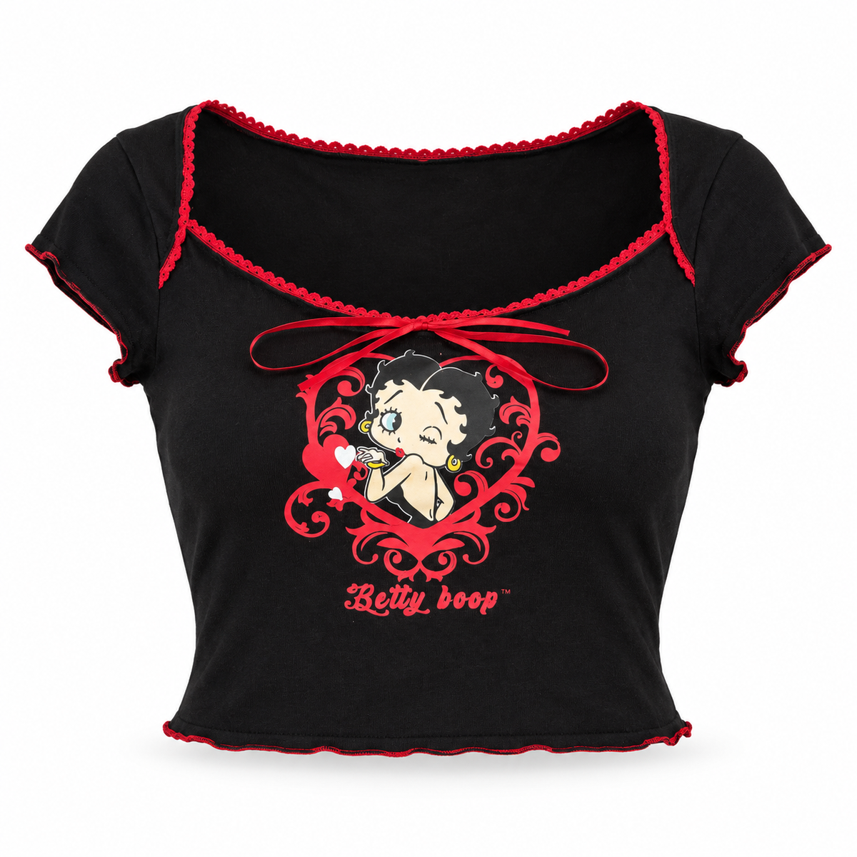 Betty Boop black crop top with red trim front view