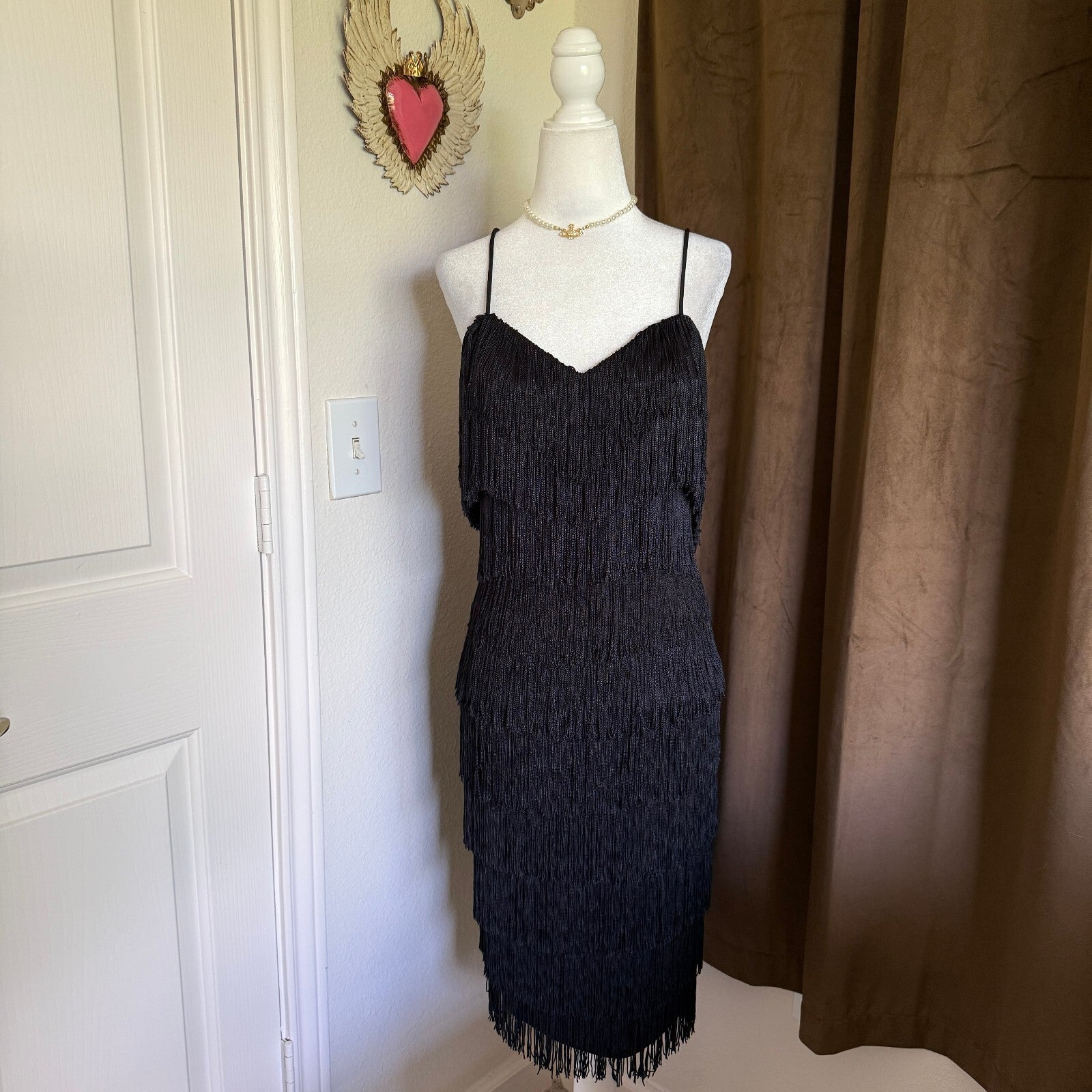 Cache Gold Label Vintage 1980's Fringe Midi Dress with Matching Cardigan