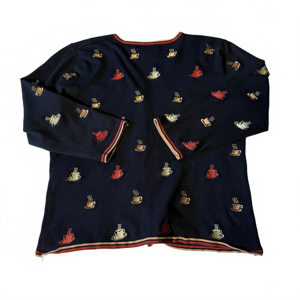 Peck & Peck 90s Coffee Cup Embroidered Button-Up Cardigan Novelty Grandmacore M