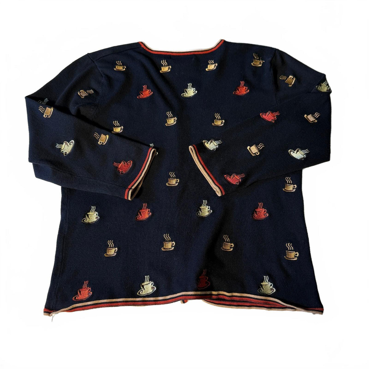 Peck & Peck 90s Coffee Cup Embroidered Button-Up Cardigan Novelty Grandmacore M