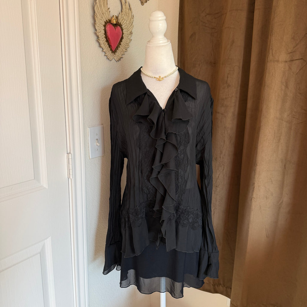 White Stag Women's Black Ruffled Front Blouse Size XL 100% Polyester Pleated