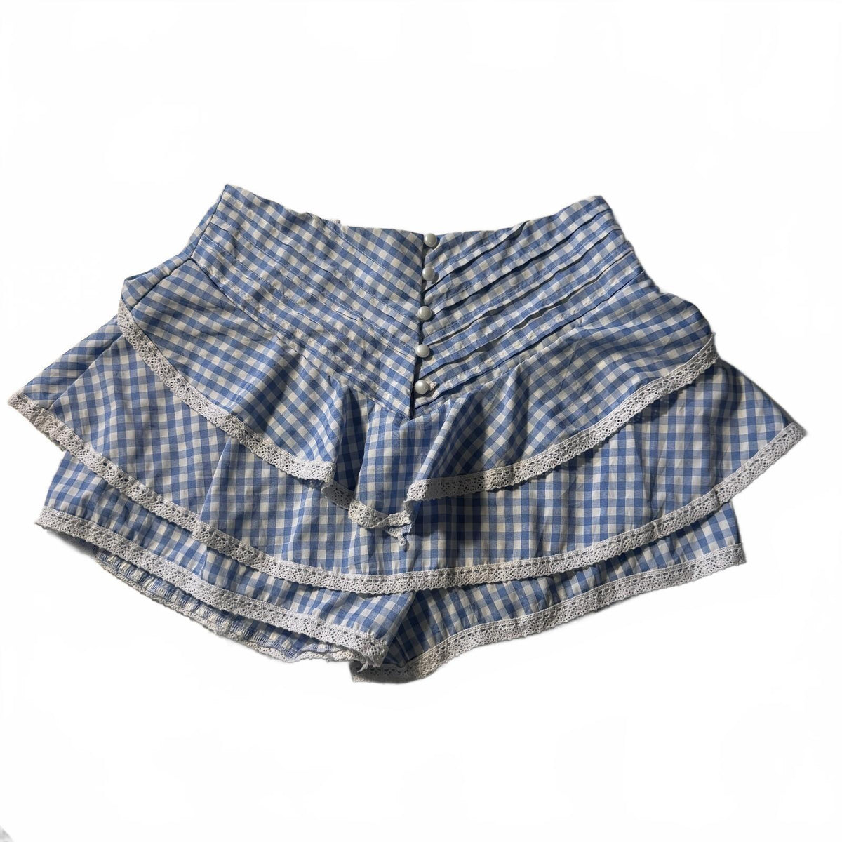 Blue Gingham Layered Ruffle Shorts Bloomers Lace Trim Pearl Buttons Coquette M